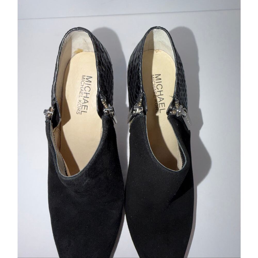 Michael Kors Black Suede Pointed Toe Ankle Booties Croc Leather Heels 6.5M - Picture 8 of 12